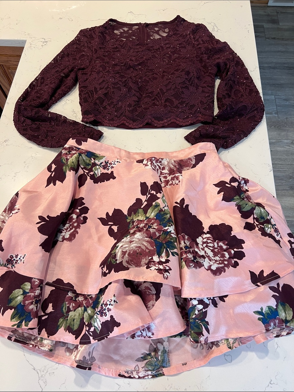 City Studio Pink Floral Skater Skirt with Burgundy Lace Crop Top